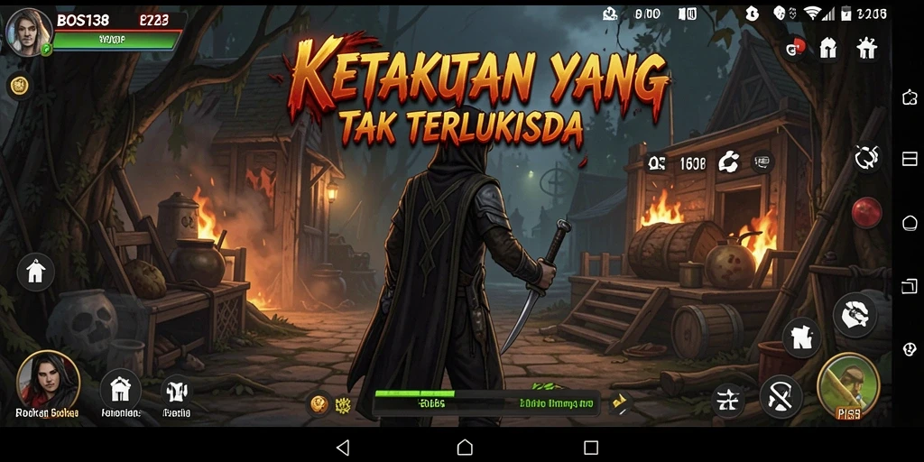 Screenshot gameplay BOS138 menampilkan suasana menyeramkan dan karakter gelap.