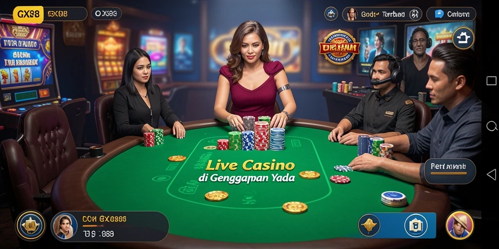 Screenshot GX88 menampilkan dealer live yang sedang berinteraksi dengan pemain.