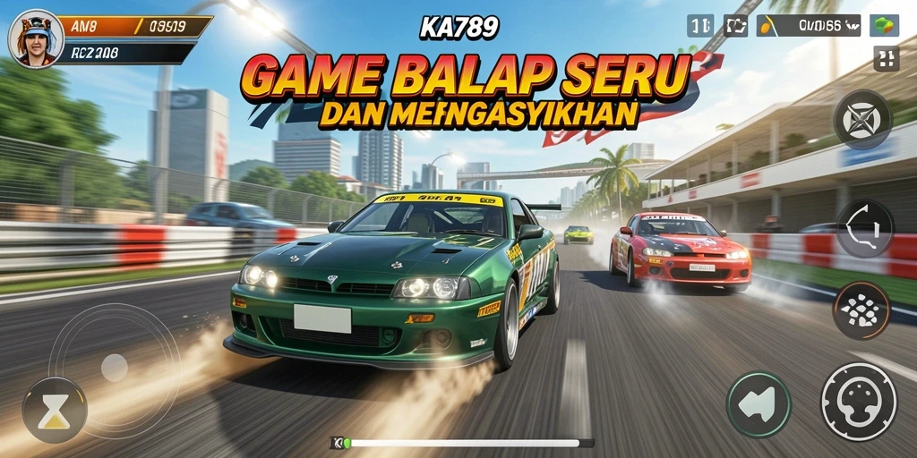 Tangkapan layar KA789 menampilkan aksi balap mobil yang mendebarkan.