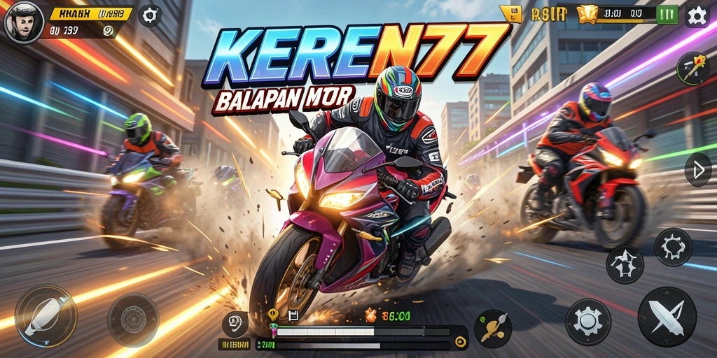Tampilan gameplay seru dari KEREN77 dengan balapan motor.