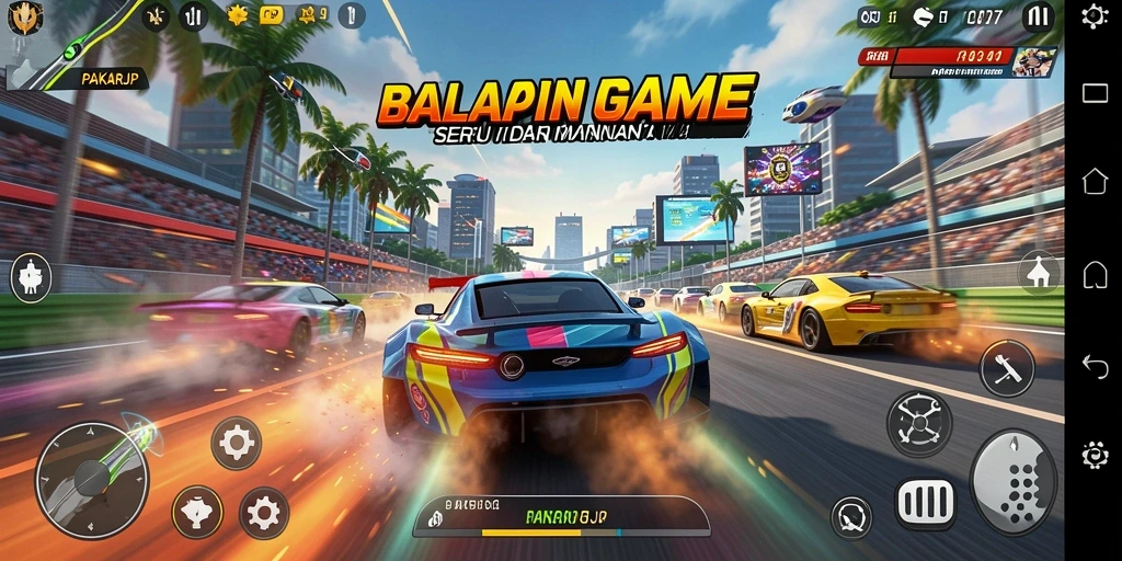Screenshot gameplay PAKARJP menampilkan mobil balap di lintasan yang menantang.