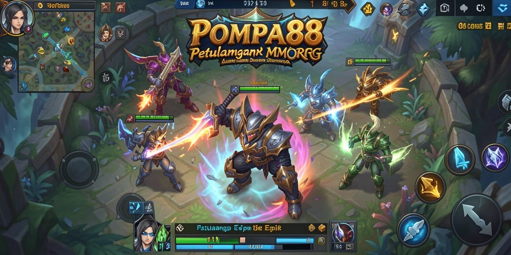 Screenshot dari gameplay POMPA88 yang menunjukkan pertarungan epik dan eksplorasi.