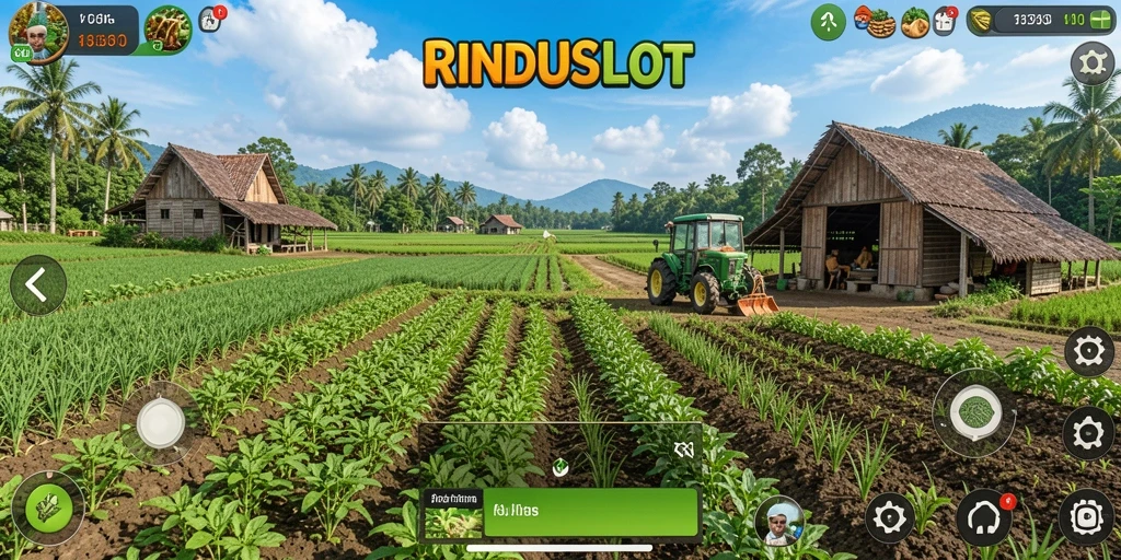 Screenshot gameplay RINDUSLOT menampilkan kebun hijau subur dengan tanaman beraneka ragam.