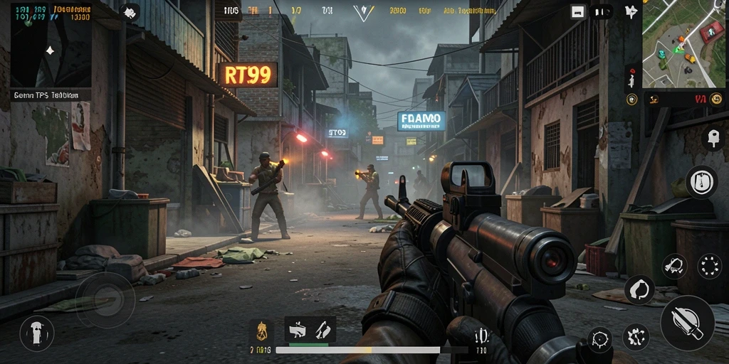 Screenshot gameplay RT99 dengan aksi menegangkan di medan perang.