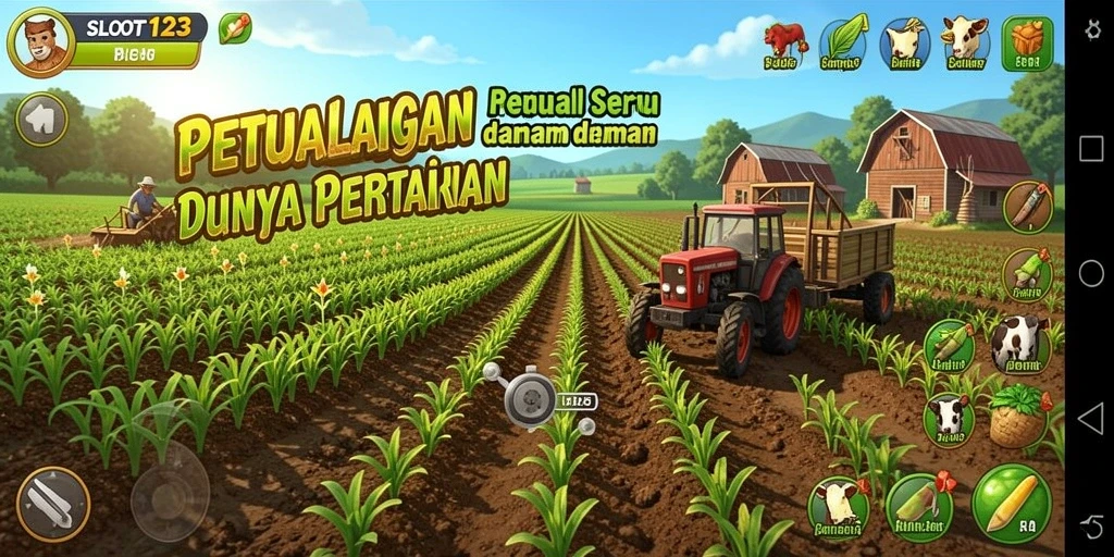 Tampilan gameplay SLOT123 yang menarik dan seru dengan berbagai aktivitas pertanian.